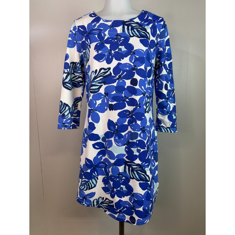 Mahi Gold Dress Small Blue White Floral 3/4 Sleeve Stretch Shift Women's